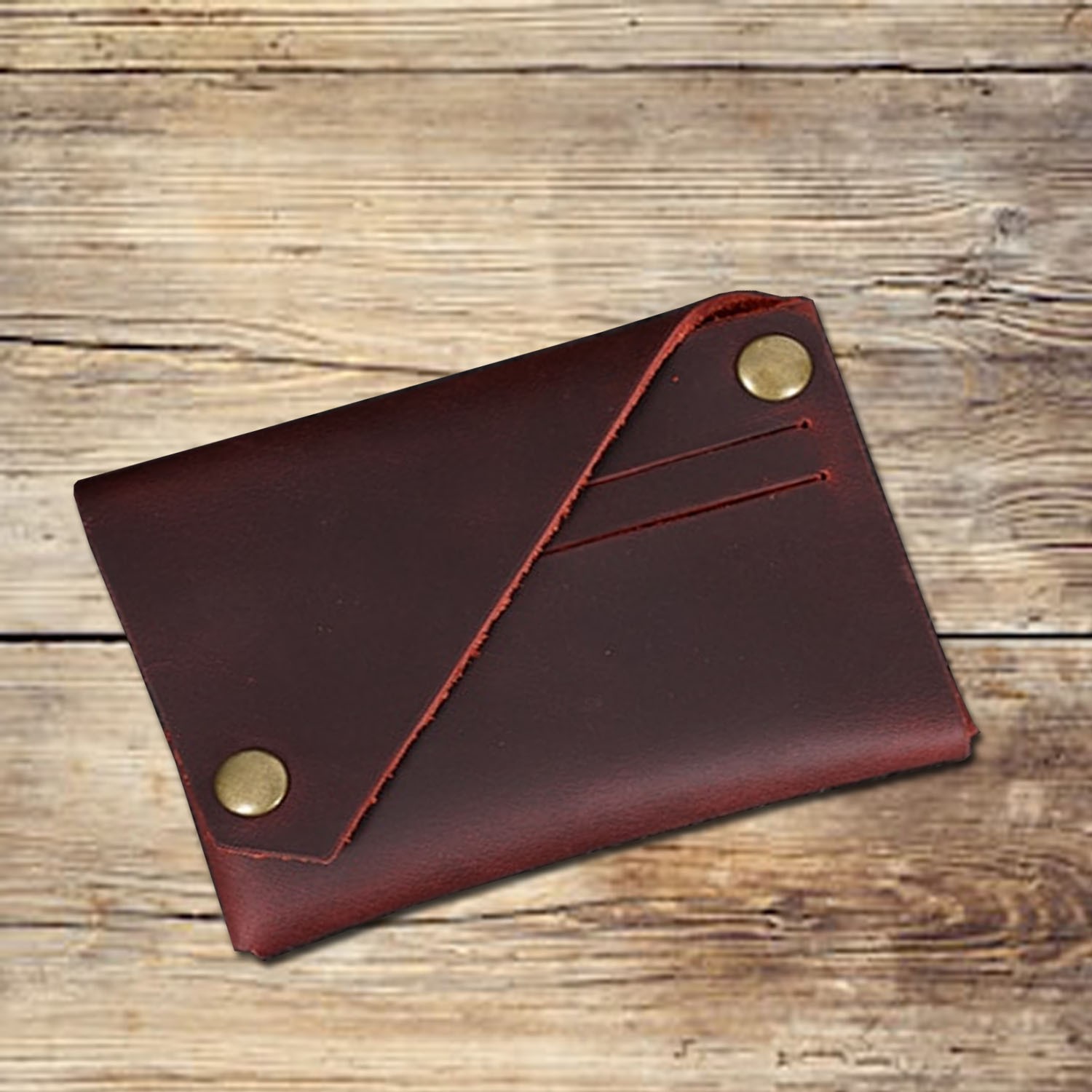 Handmade folded brown leather card wallet