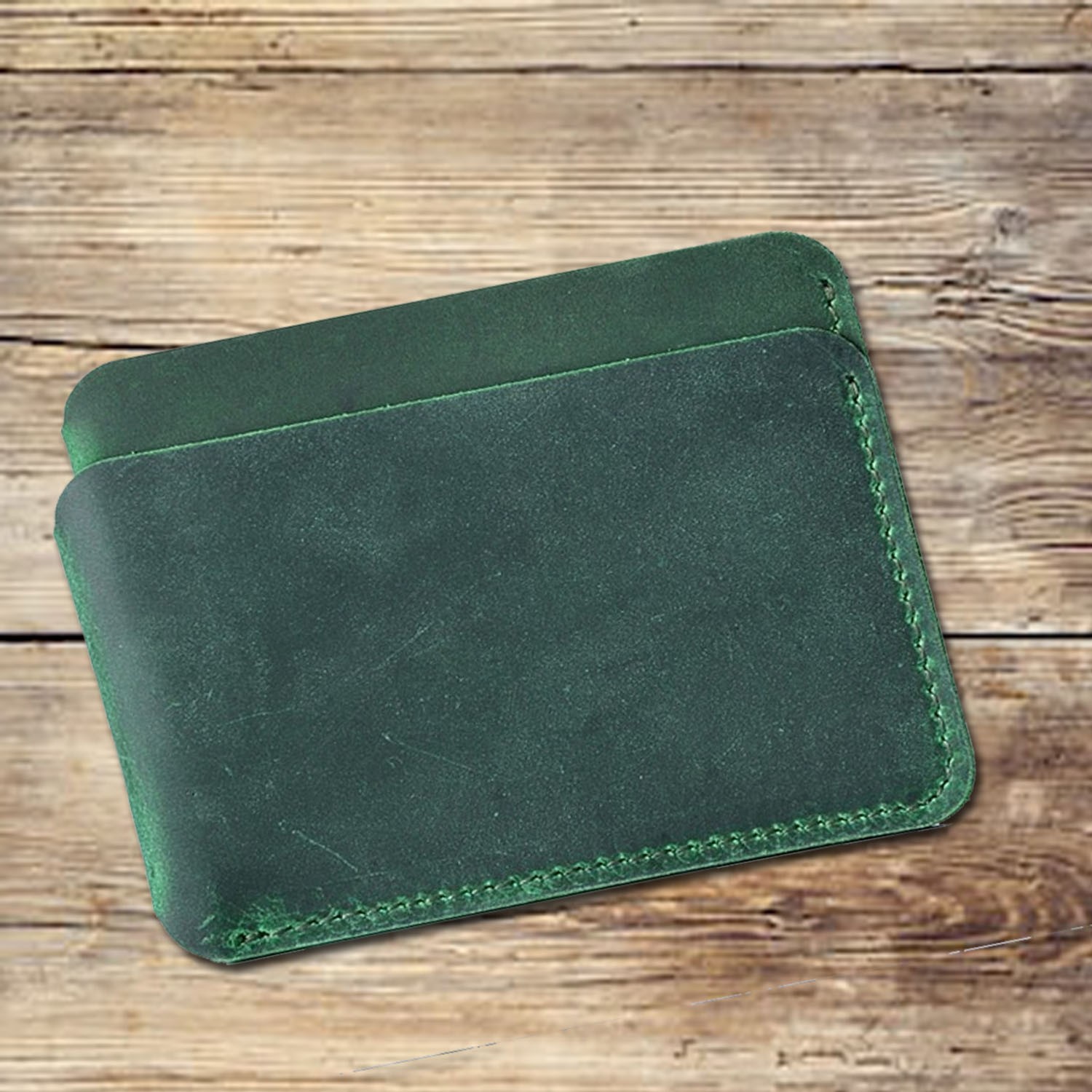 Handmade green leather card wallet