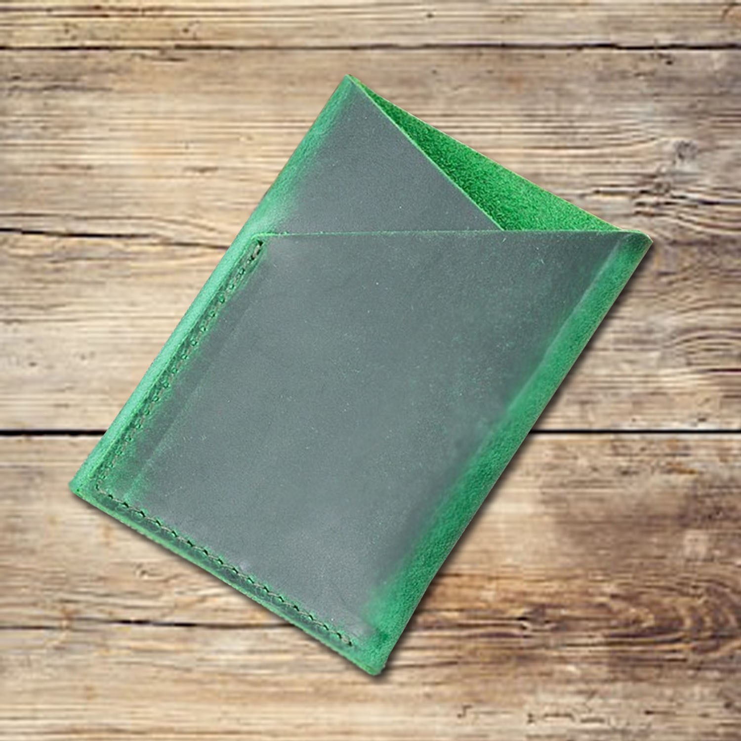 2 slots folded green leather card wallet