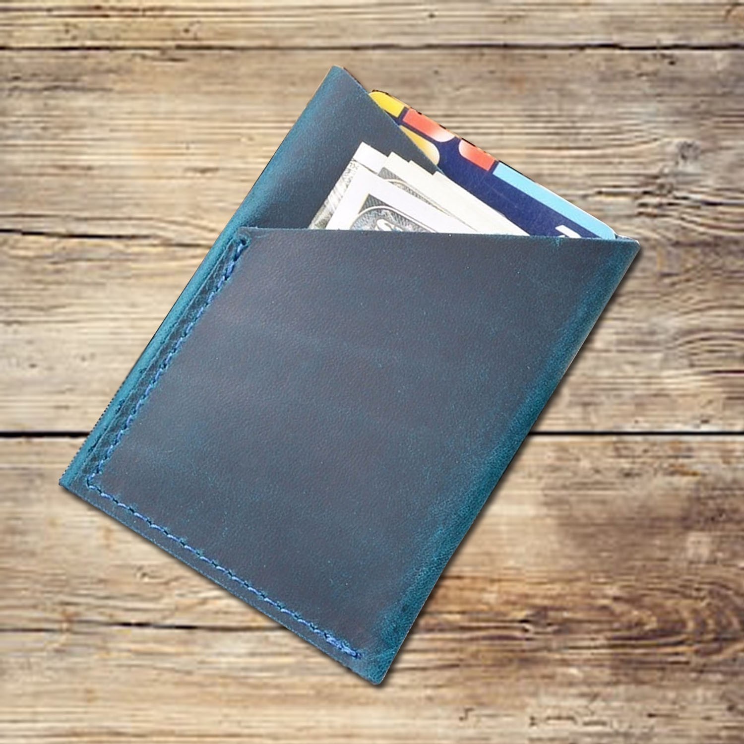 2 slots folded blue leather card wallet