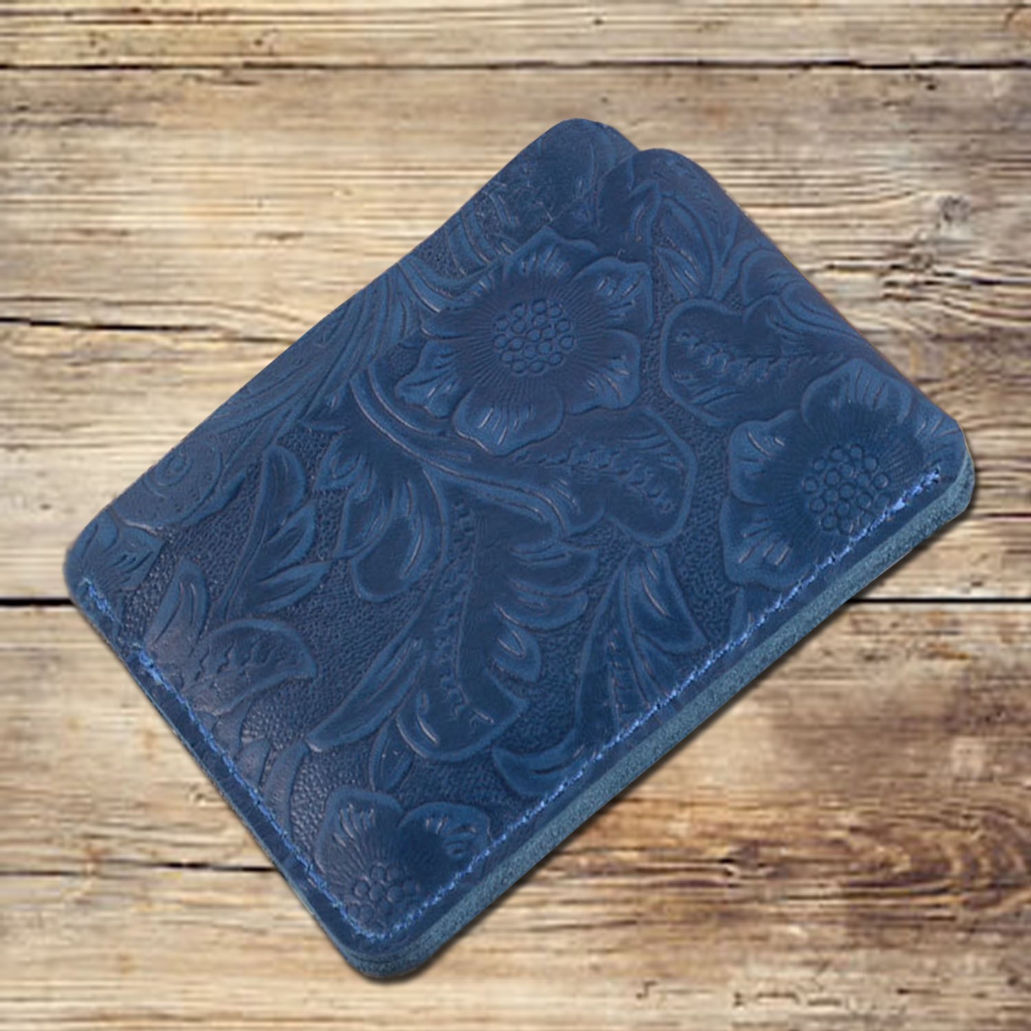 3 slots floral embossed brown leather card wallet