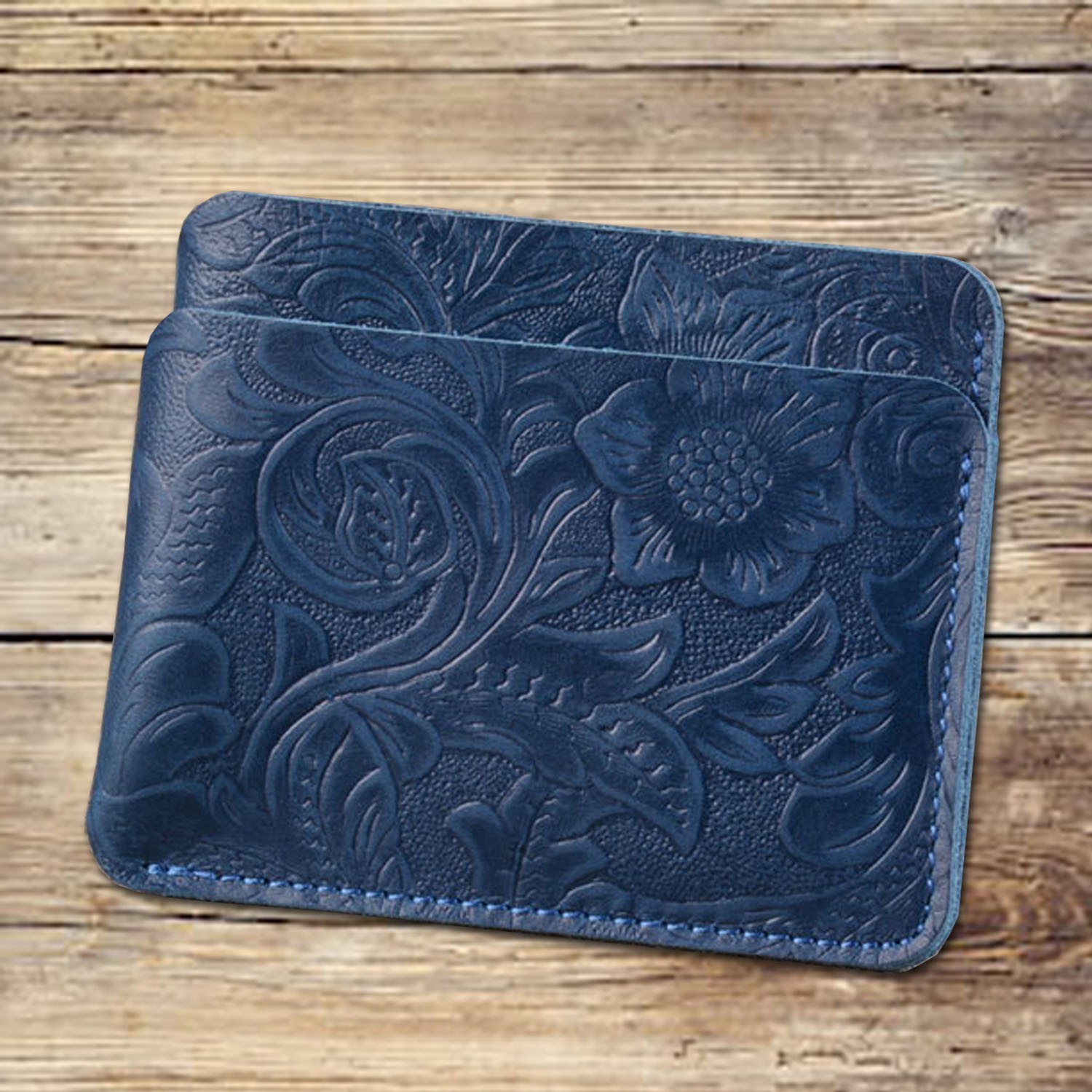 3 slots floral embossed brown leather card wallet