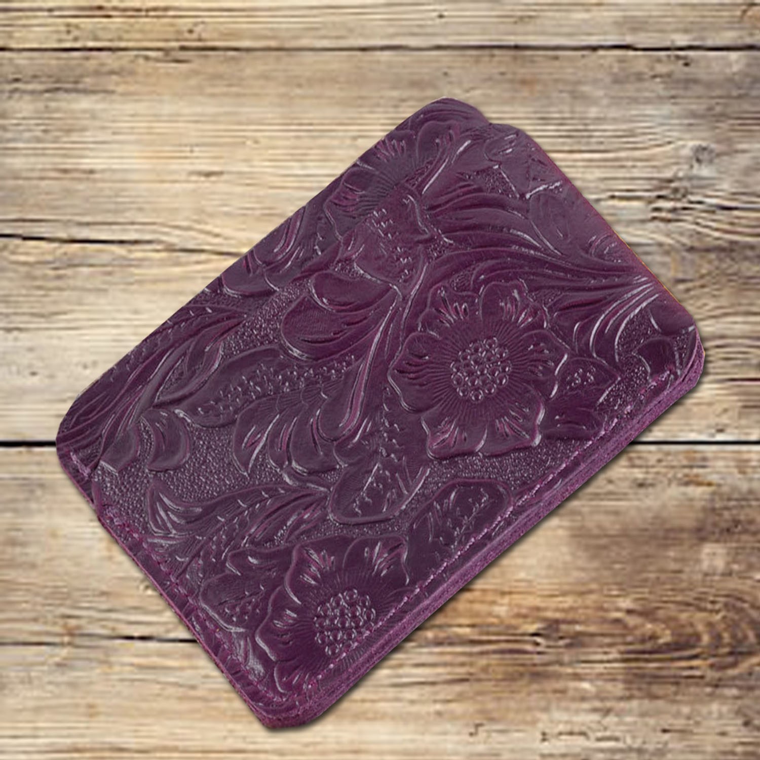 3 slots floral embossed purple leather card wallet