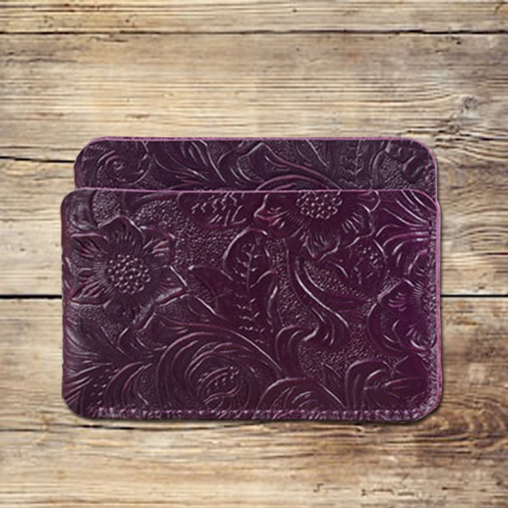 3 slots floral embossed purple leather card wallet