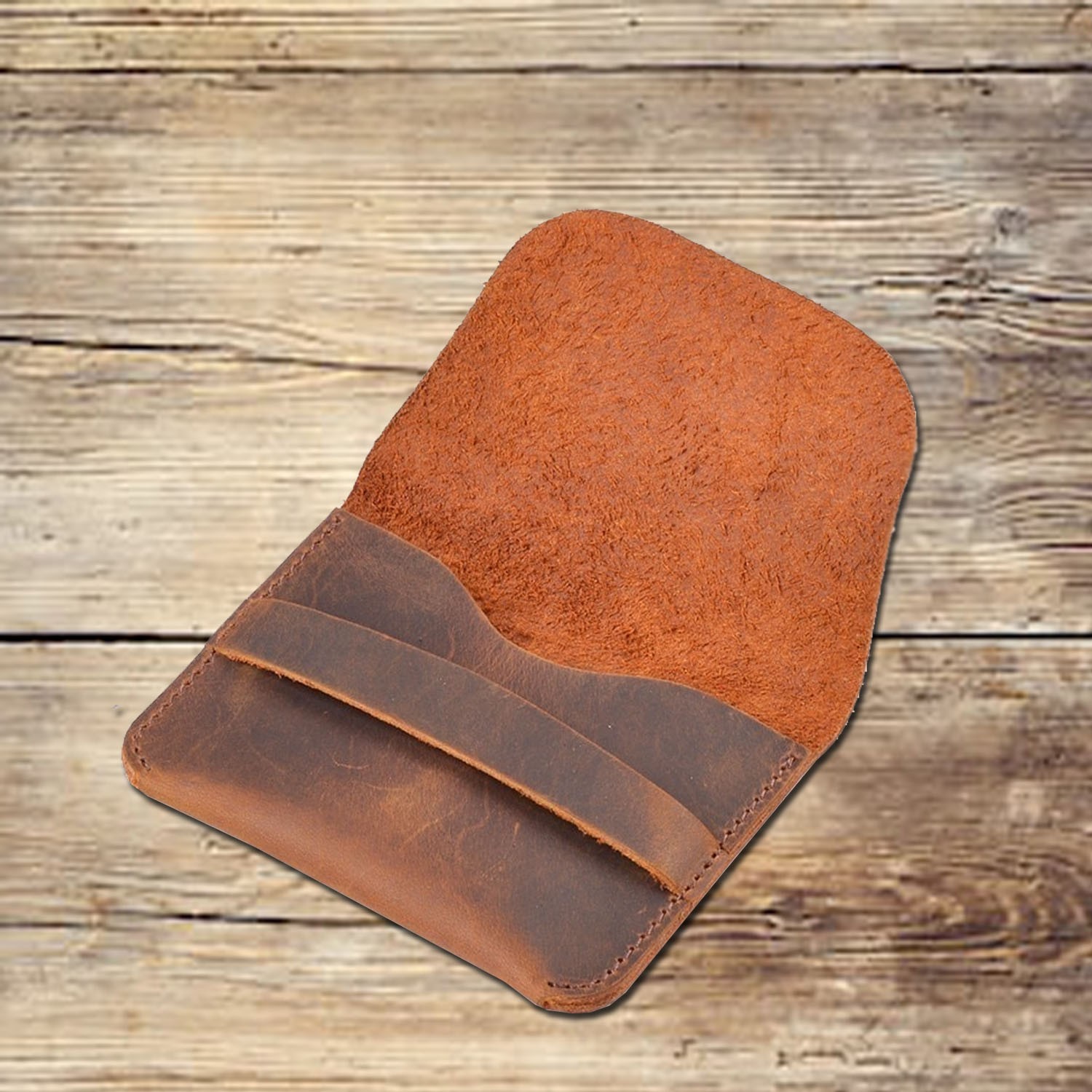 Flap over brown leather card wallet