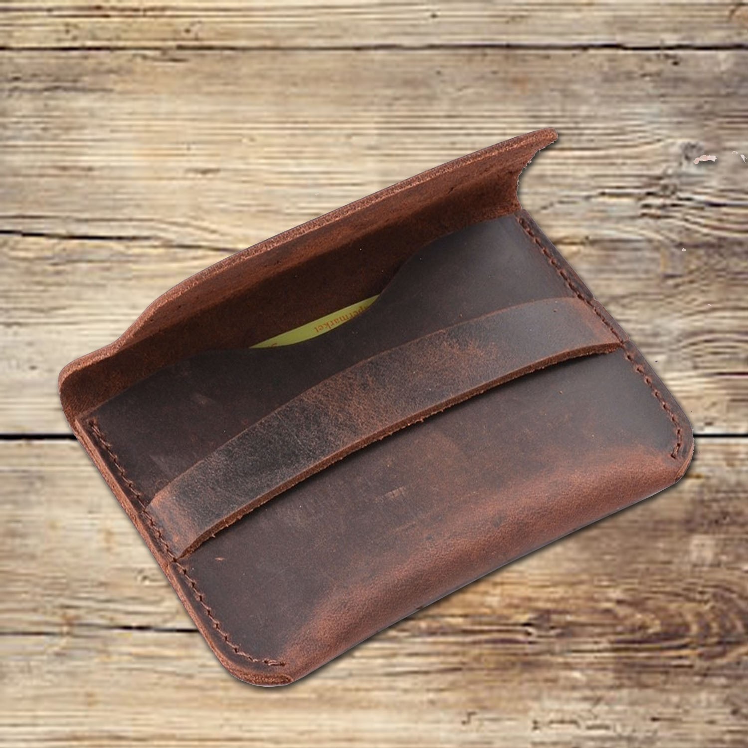 Flap over blue leather card wallet