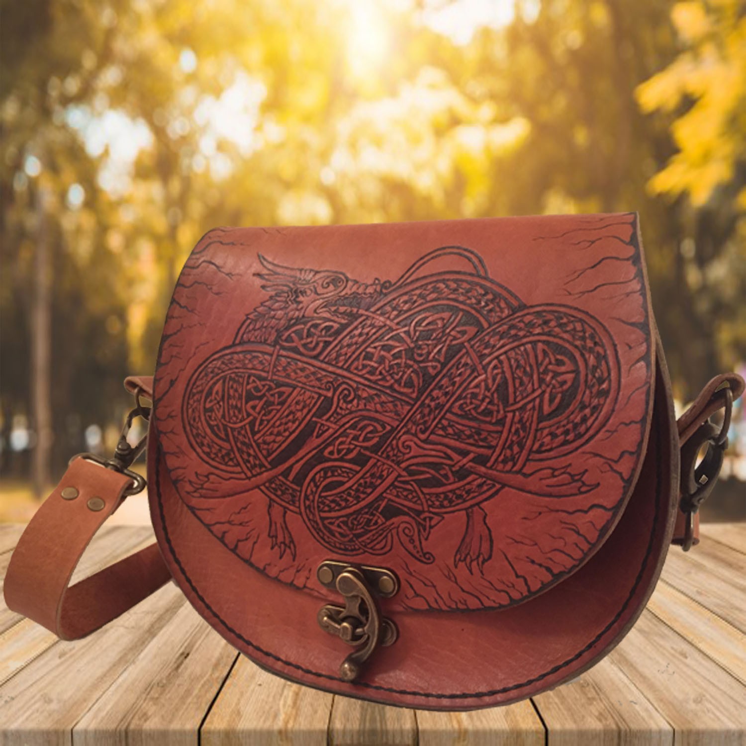 Handmade Leather Messenger Bag - Celtic Dragon