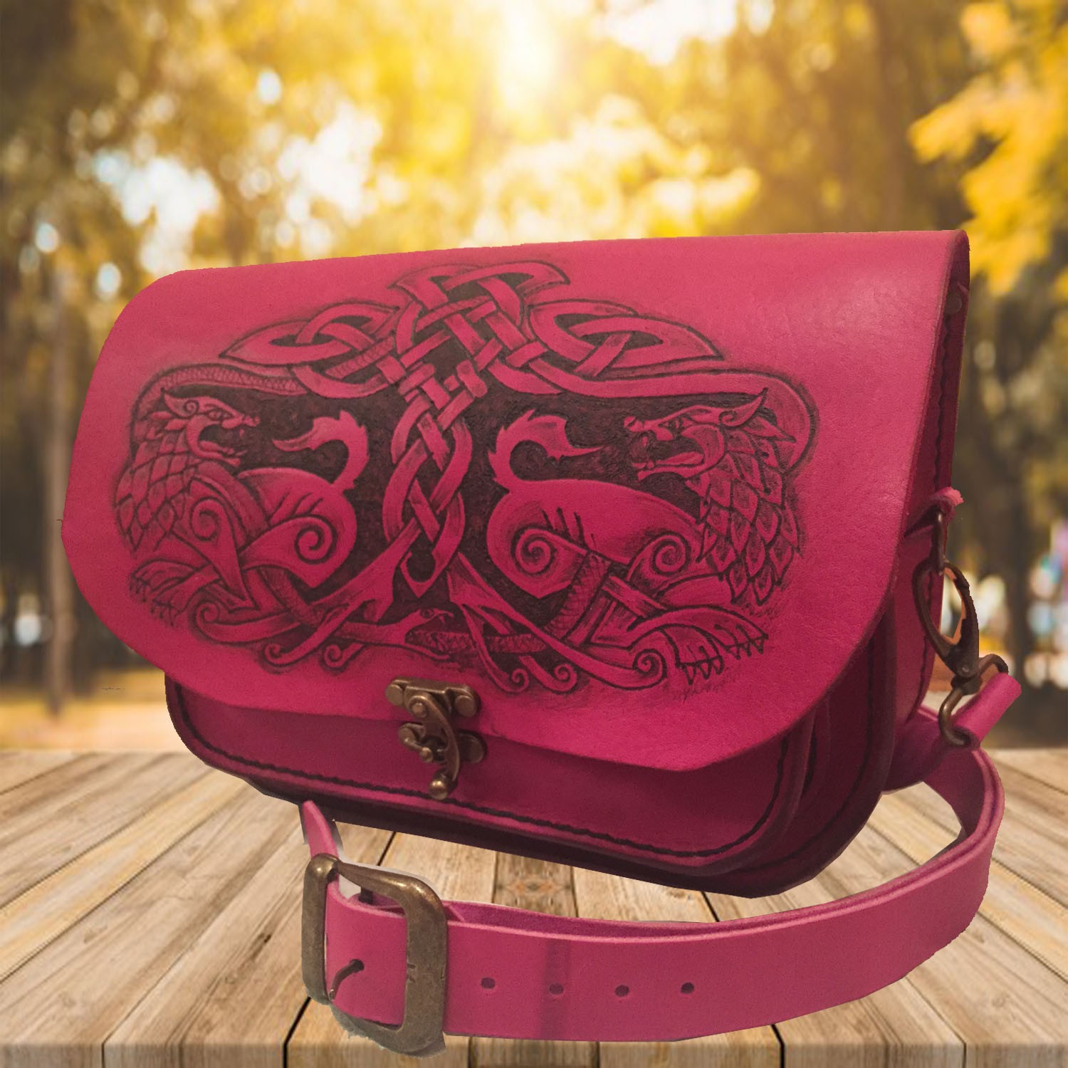 Handmade Pink Leather Satchel Bag - Celtic Wolves