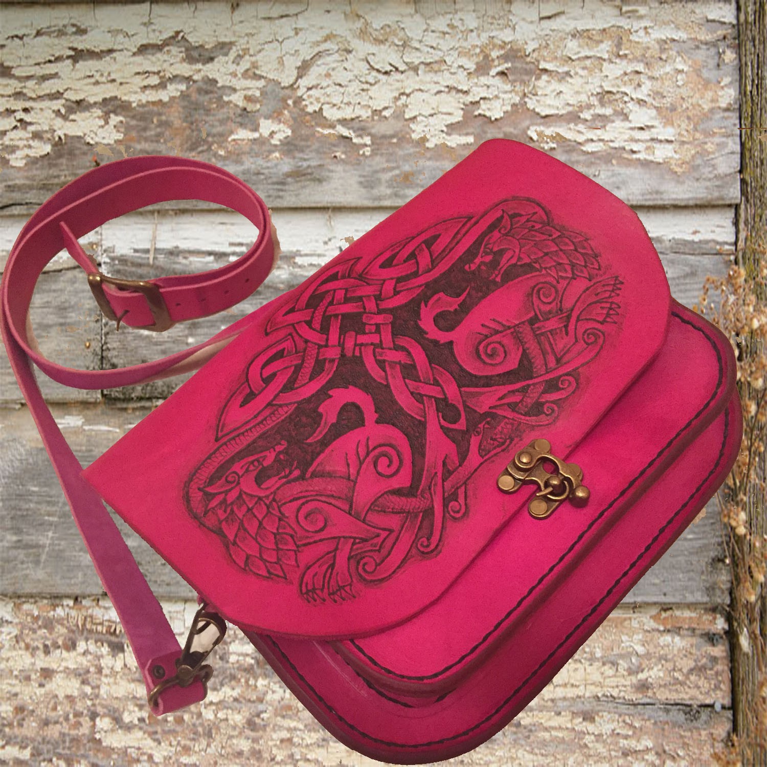 Handmade Pink Leather Satchel Bag - Celtic Wolves