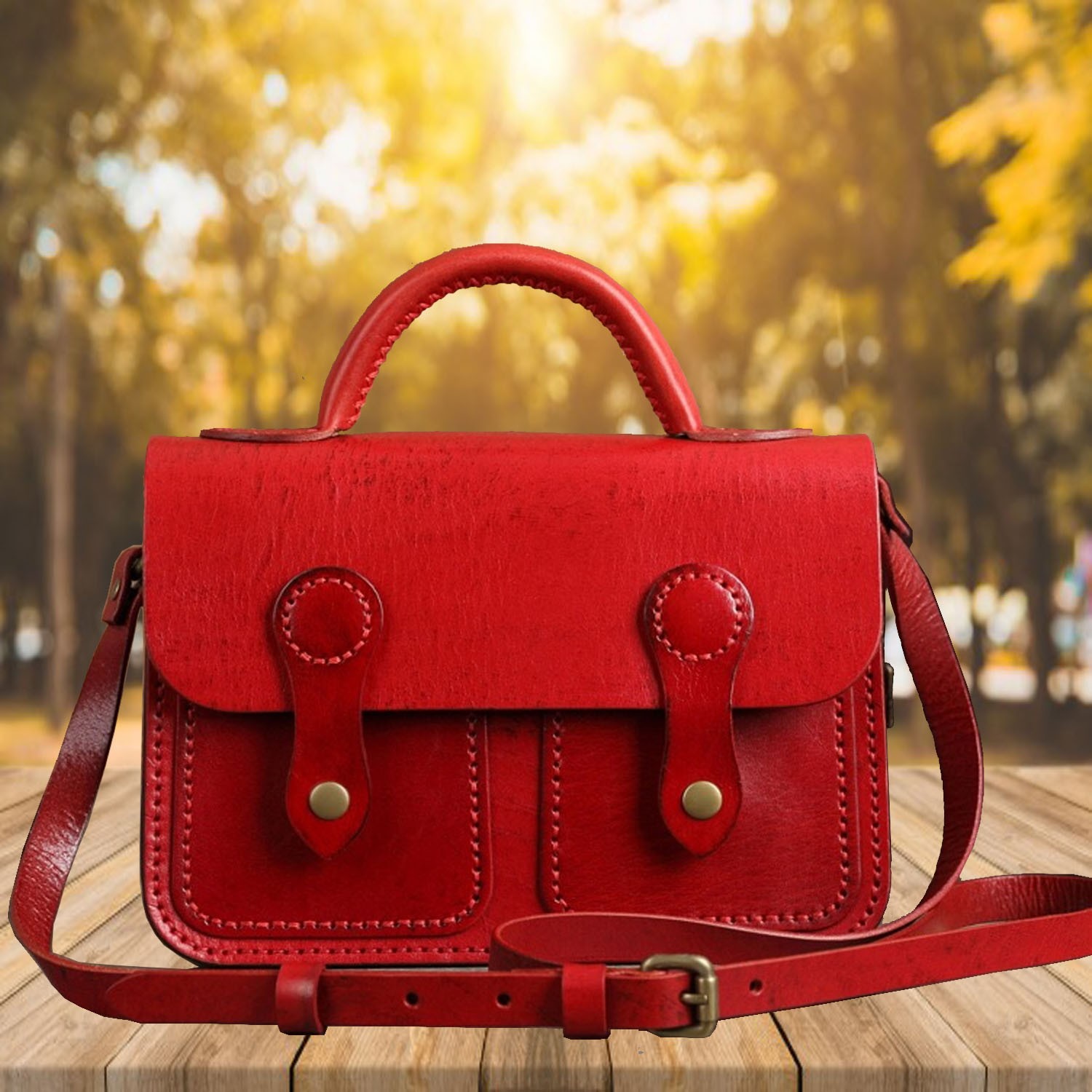 Red Small Leather Satchel Bag